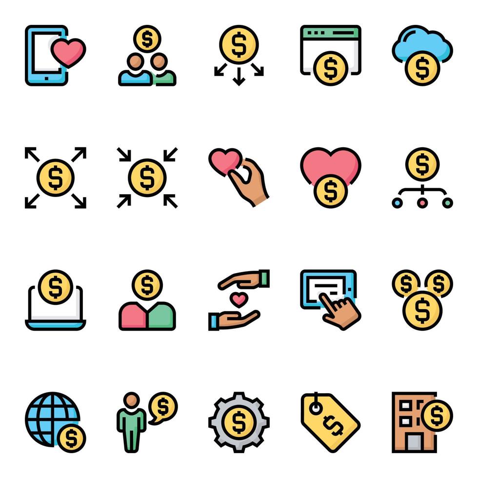 iconos de contorno de color rellenos para la financiación colectiva. vector