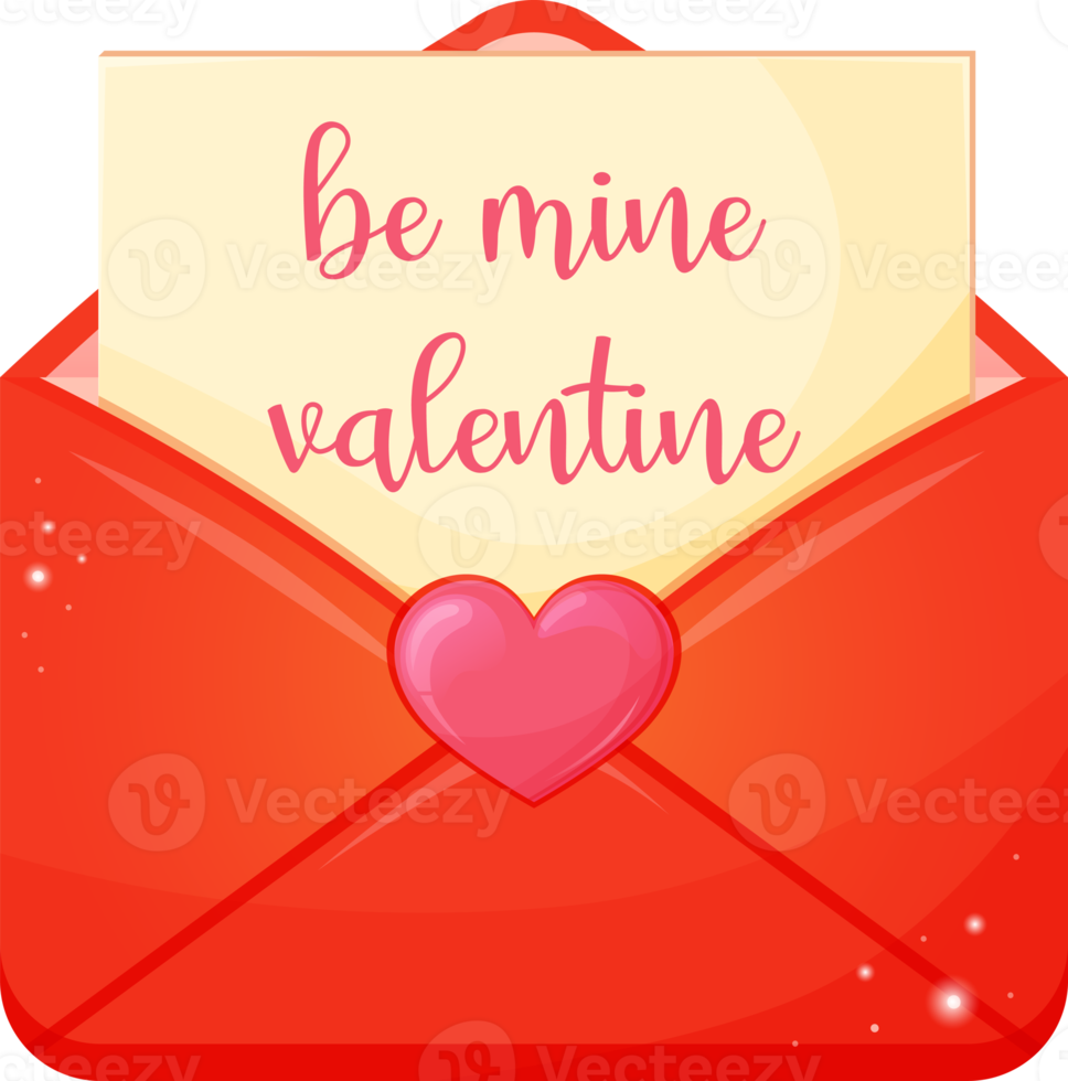 Open red envelope with a love note text be mine valentine. Valentines day greeting card. Illustration for design isolated on transparent background. png