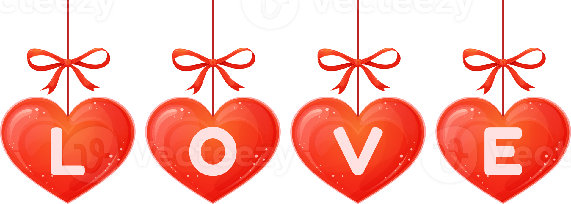 Hearts hanging decoration with love text. Valentines day. Cute ornament. Illustration for design isolated on transparent background. png