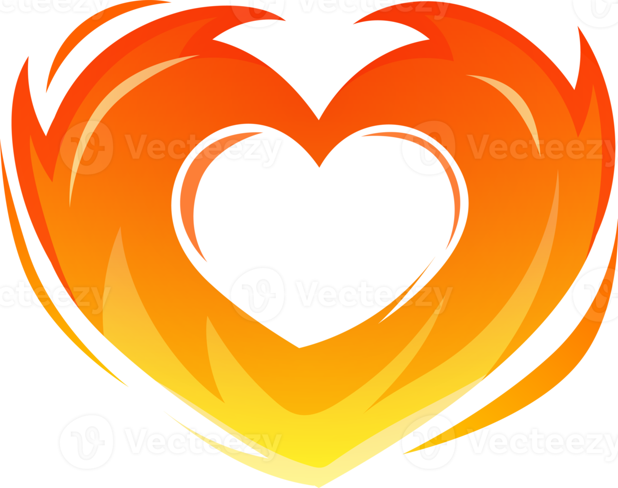 Heart made of fire. Burning heart element. Love sign. Illustration for design isolated on transparent background. png