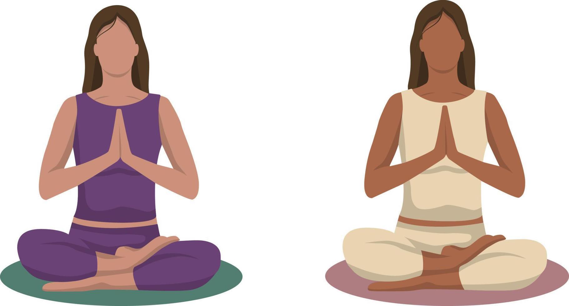 atención plena, meditación y fondo de yoga en colores pastel vintage con mujeres sentadas con las piernas cruzadas y meditando. ilustración vectorial vector