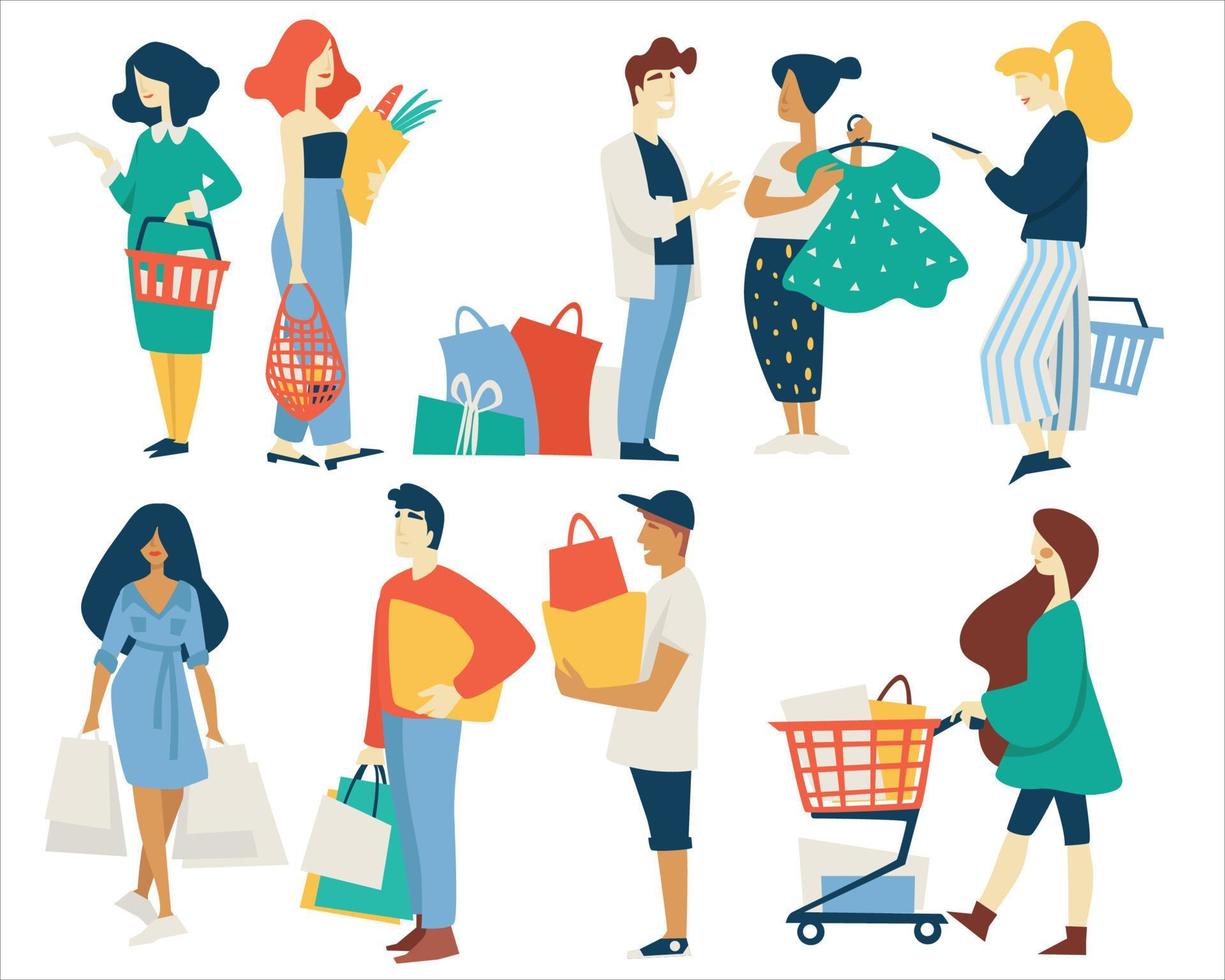 compras, hombres y mujeres, con, bolsas, cesta del supermercado, o, carrito vector