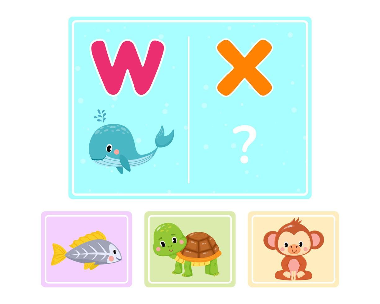 Educational logic game for kids. Children's alphabet education. Development of logic iq. Visual intelligence, mind games. Vector illustration.