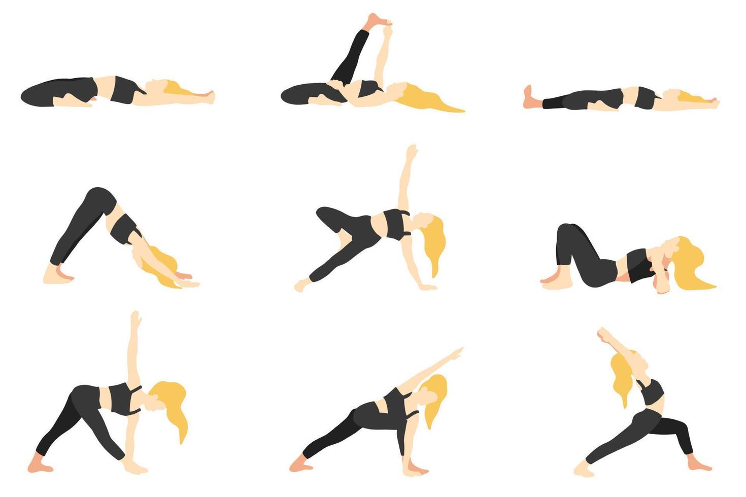 Yoga poses collection. Blonde European female blonde woman girl. Vector illustration in cartoon flat style isolated on white background.