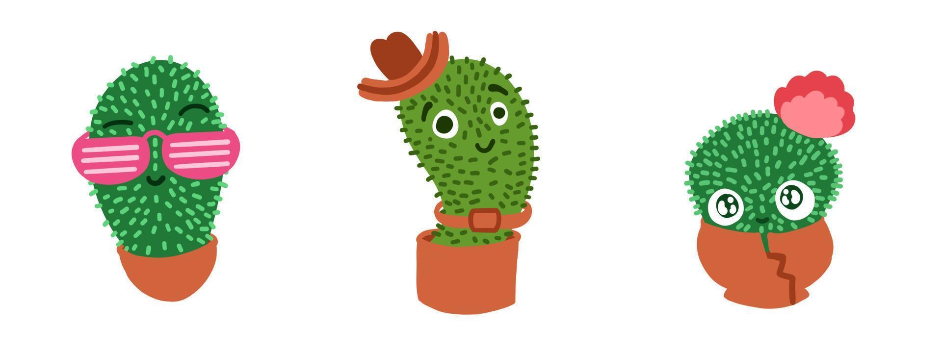 juego de mascotas de cactus de dibujos animados. ilustración vectorial en estilo plano de dibujos animados aislado sobre fondo blanco. vector