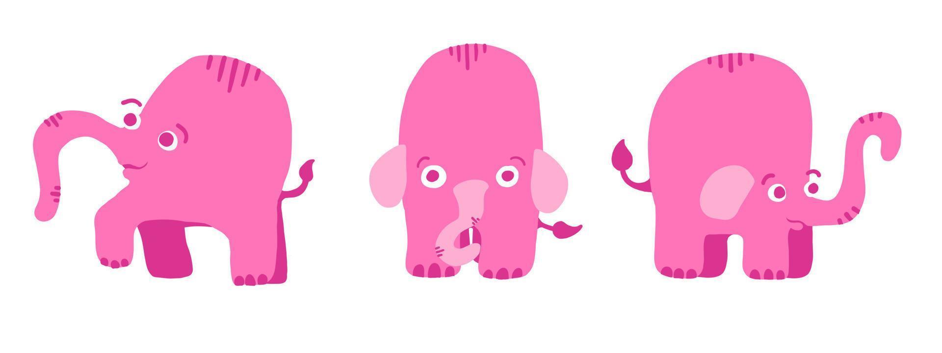 Cute pink elephants set in cartoon flat style. Vector illustration in cartoon flat style isolated on white background.