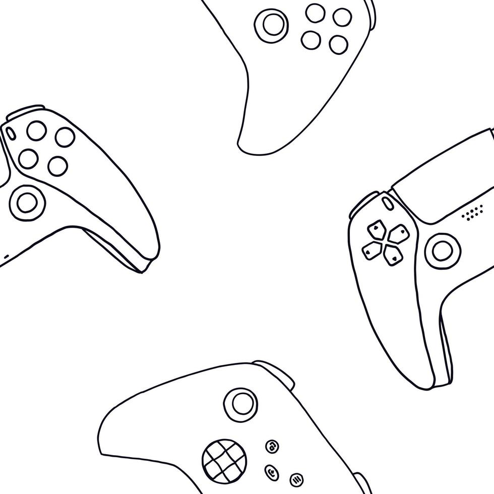 Seamless pattern of game controllers. Vector illustration in hand-drawn outline flat style on white background