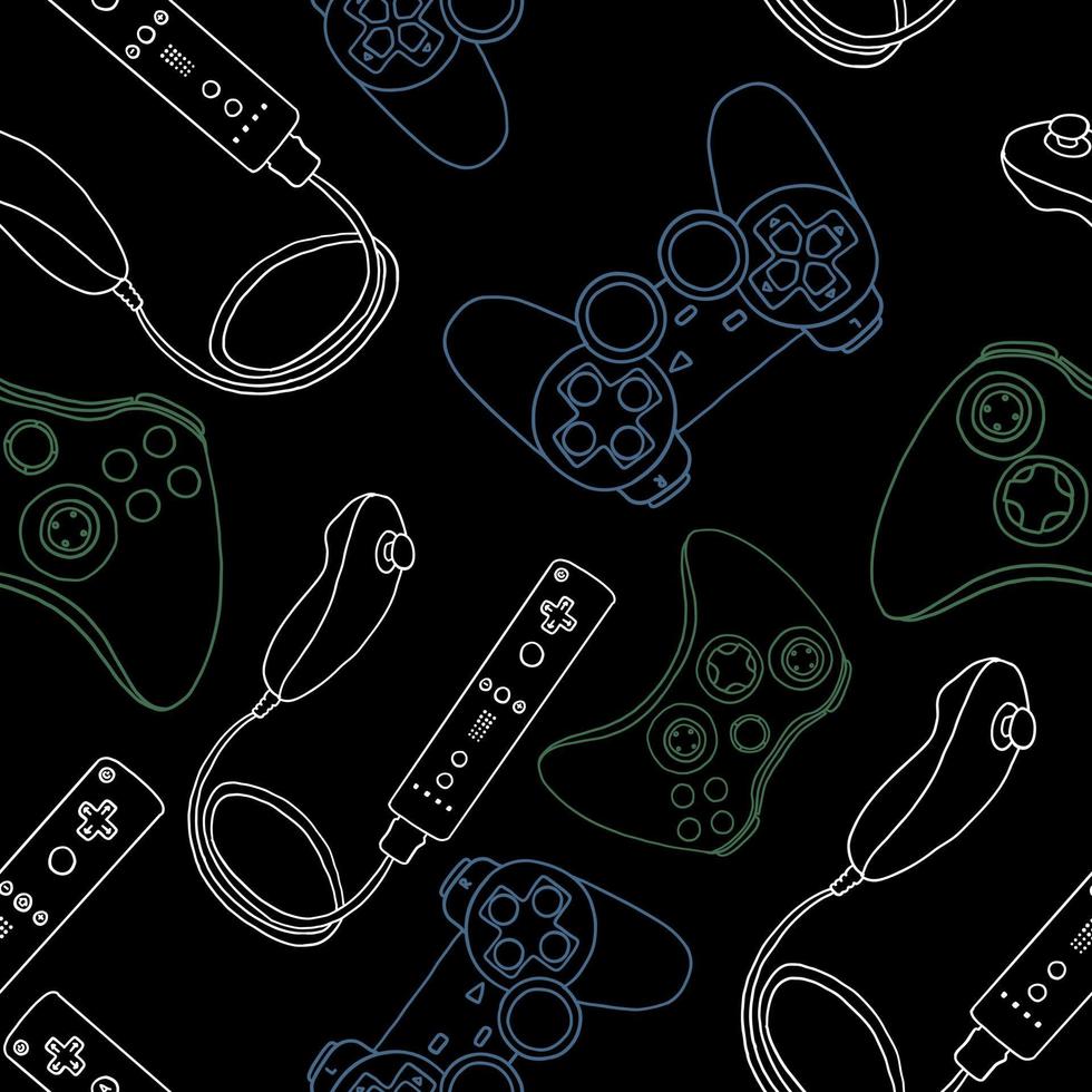 Seamless pattern of game controllers. Vector illustration in hand-drawn outline flat style on black background