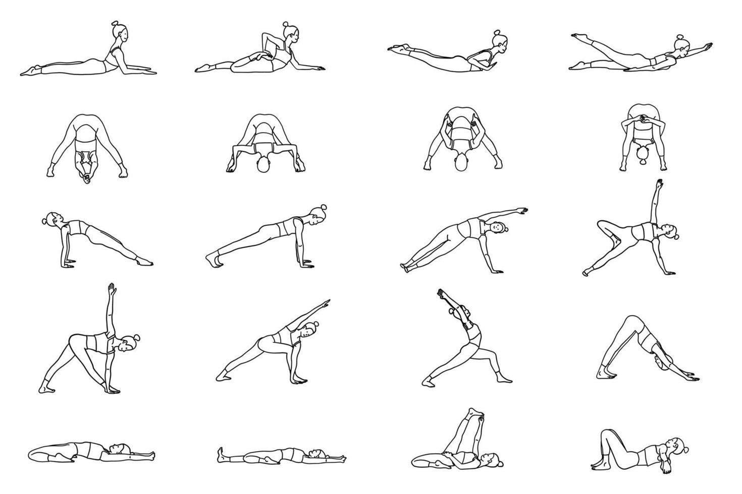 Yoga poses collection. Black and white. Female woman girl. Vector illustration in outline style isolated on white background.