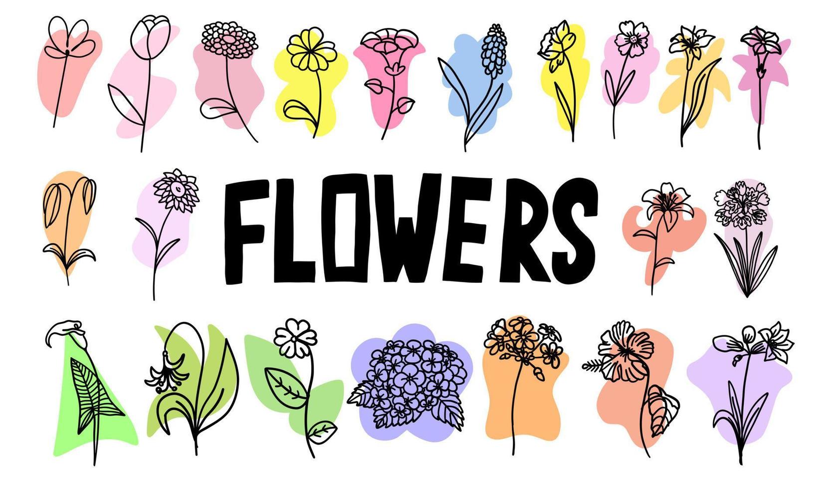 Flowers with colorful brush set in flat doodle cartoon style. Vector illustration set on white background.