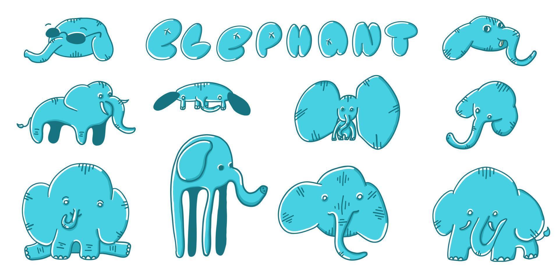Elephants set in different situations. Vector illustration in cartoon flat style isolated on white background.