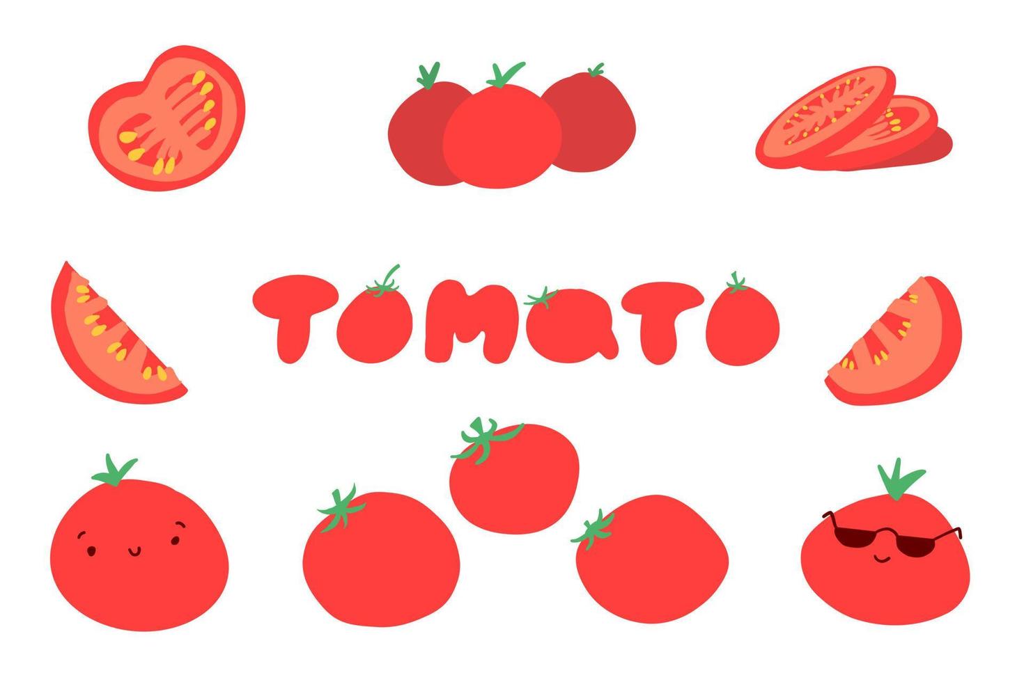 Tomatoes set in cartoon flat style. Healthy natural vegetables food. Vector illustration isolated on white background.