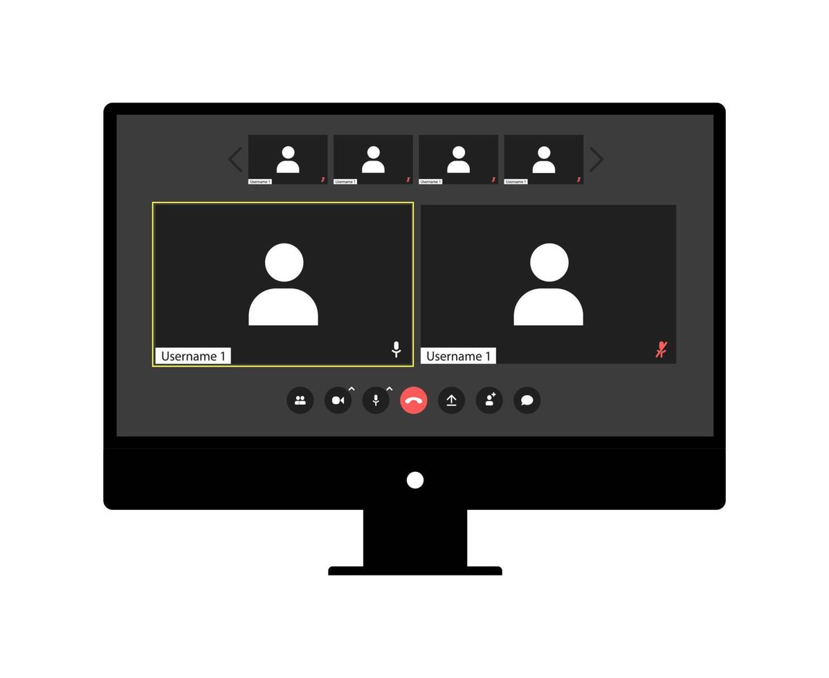 Video call program window with 6 users. UI UX template for video conferencing and meetings application on desktop vector