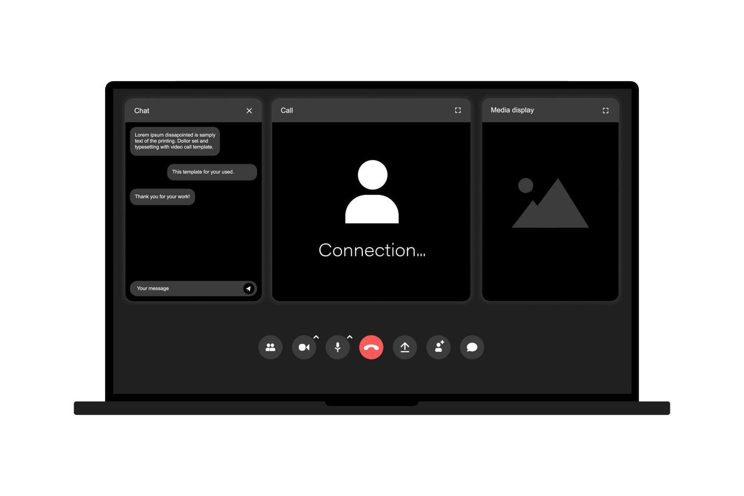 Video call program window. UI UX template for video conferencing and meetings application on laptop vector