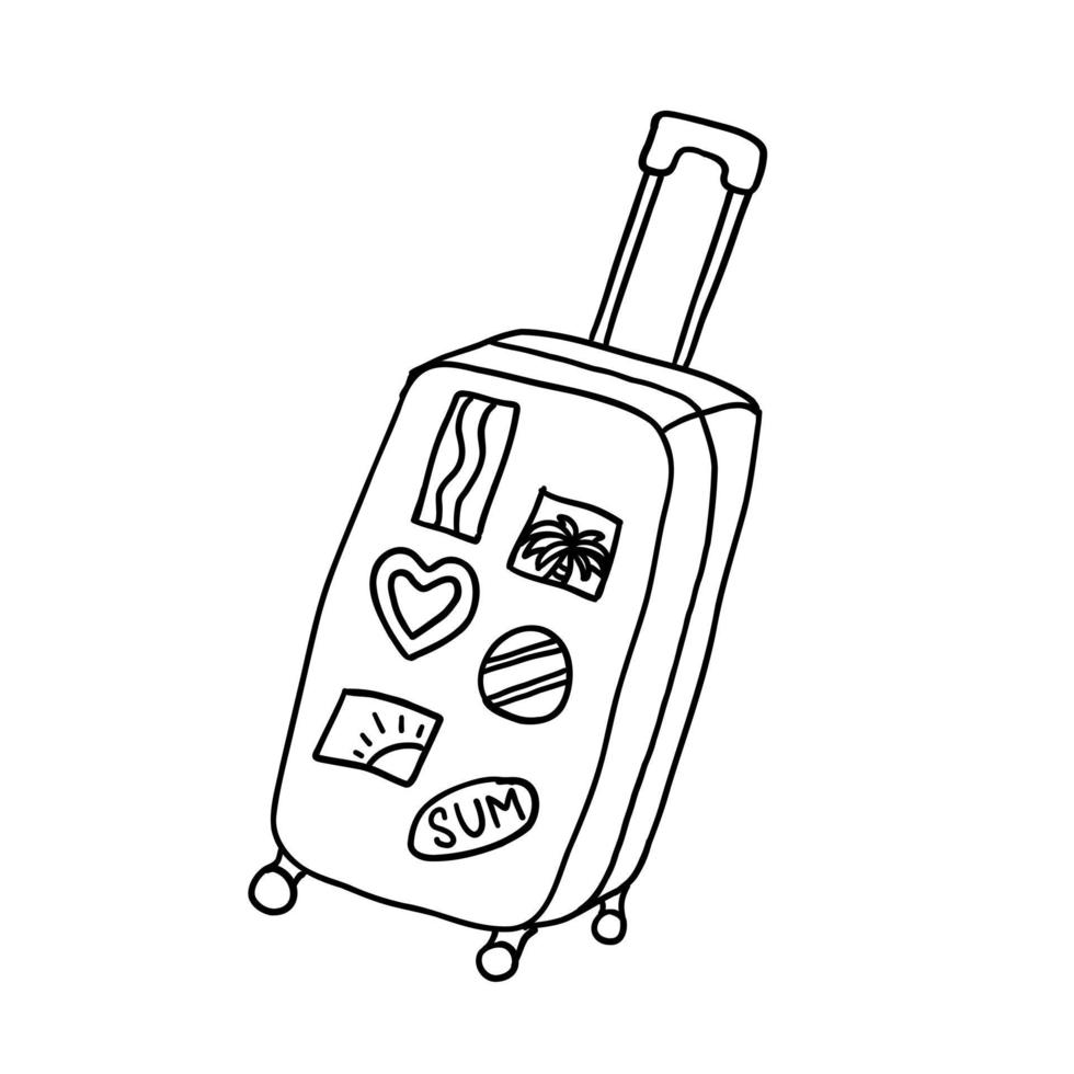 Pinks traveler's suitcase. Vector illustration in outline doodle style isolated on white background.