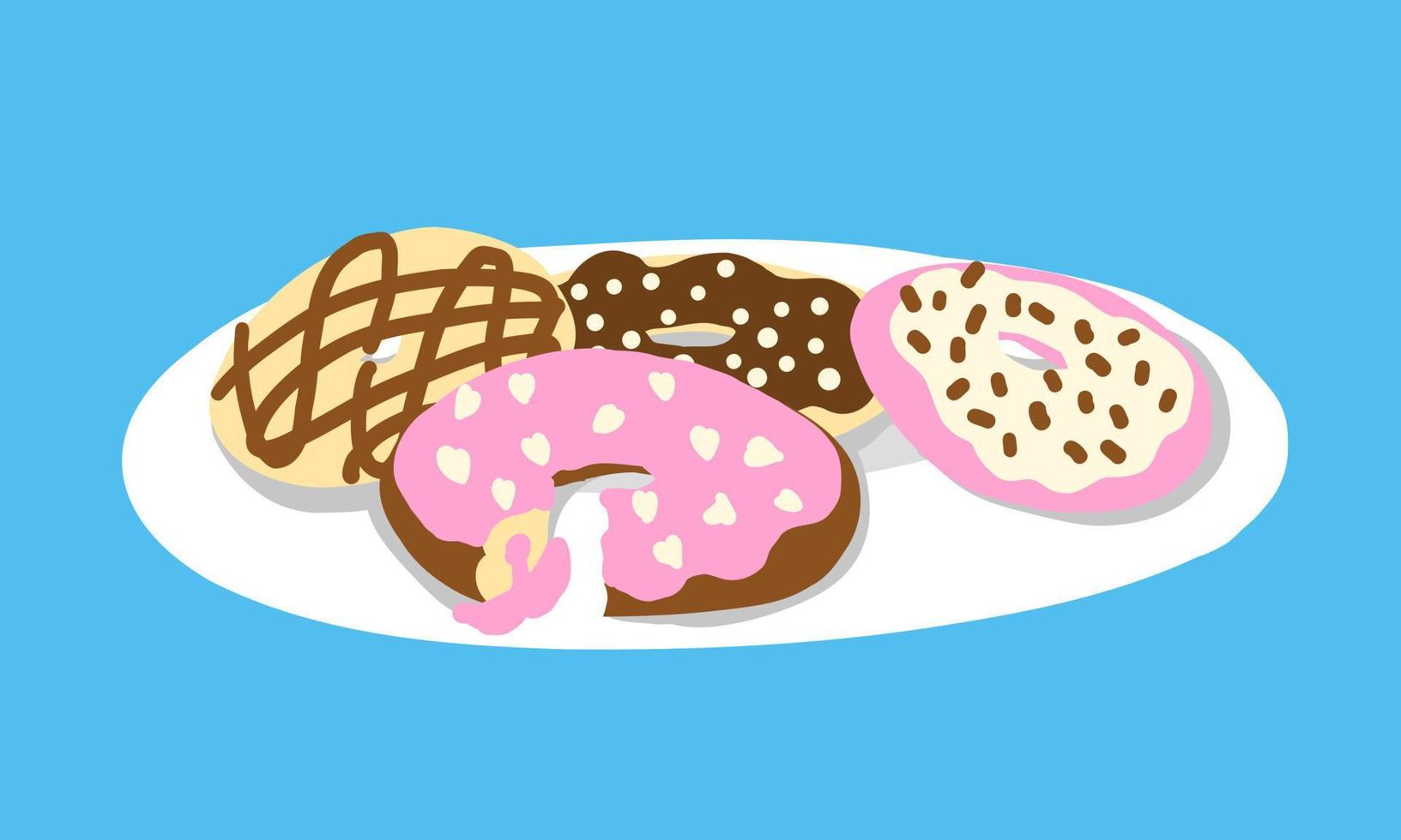 A plate of donuts in cartoon style. Vector illustration isolated on blue background.