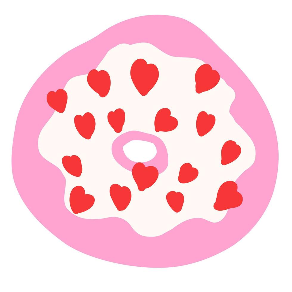 Pink doughnut with hearts in cartoon style. Happy Valentine's Day. Vector illustration isolated on white background.