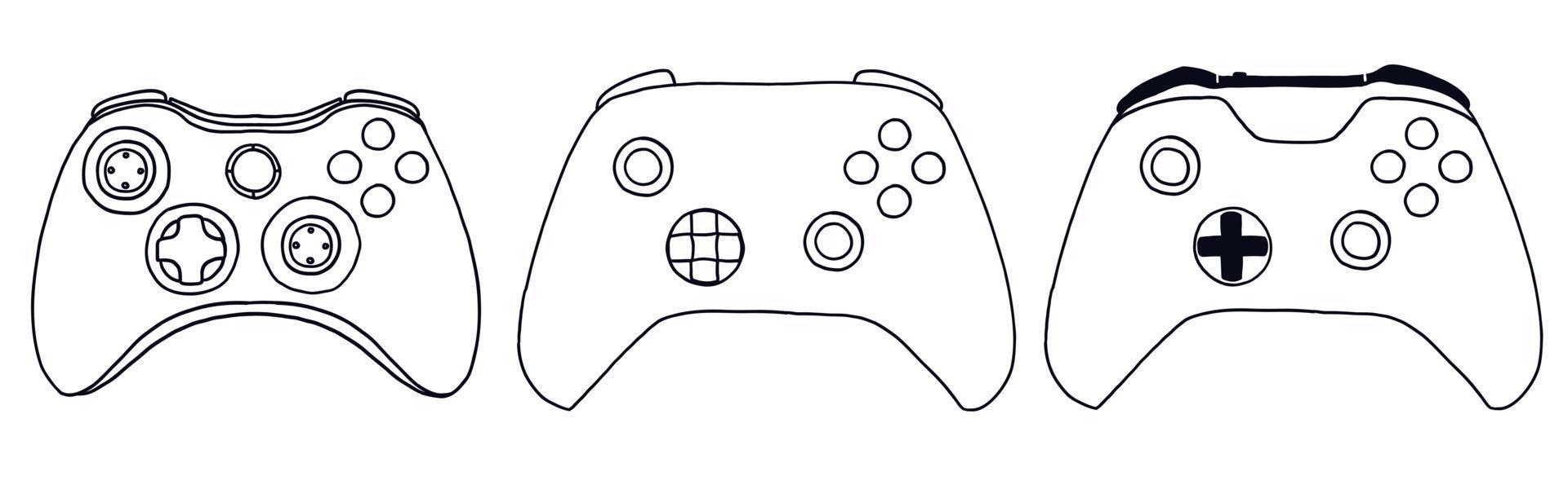 Hand-drawn game controllers set. Vector illustrations in outline doodle style. Icons on white background.