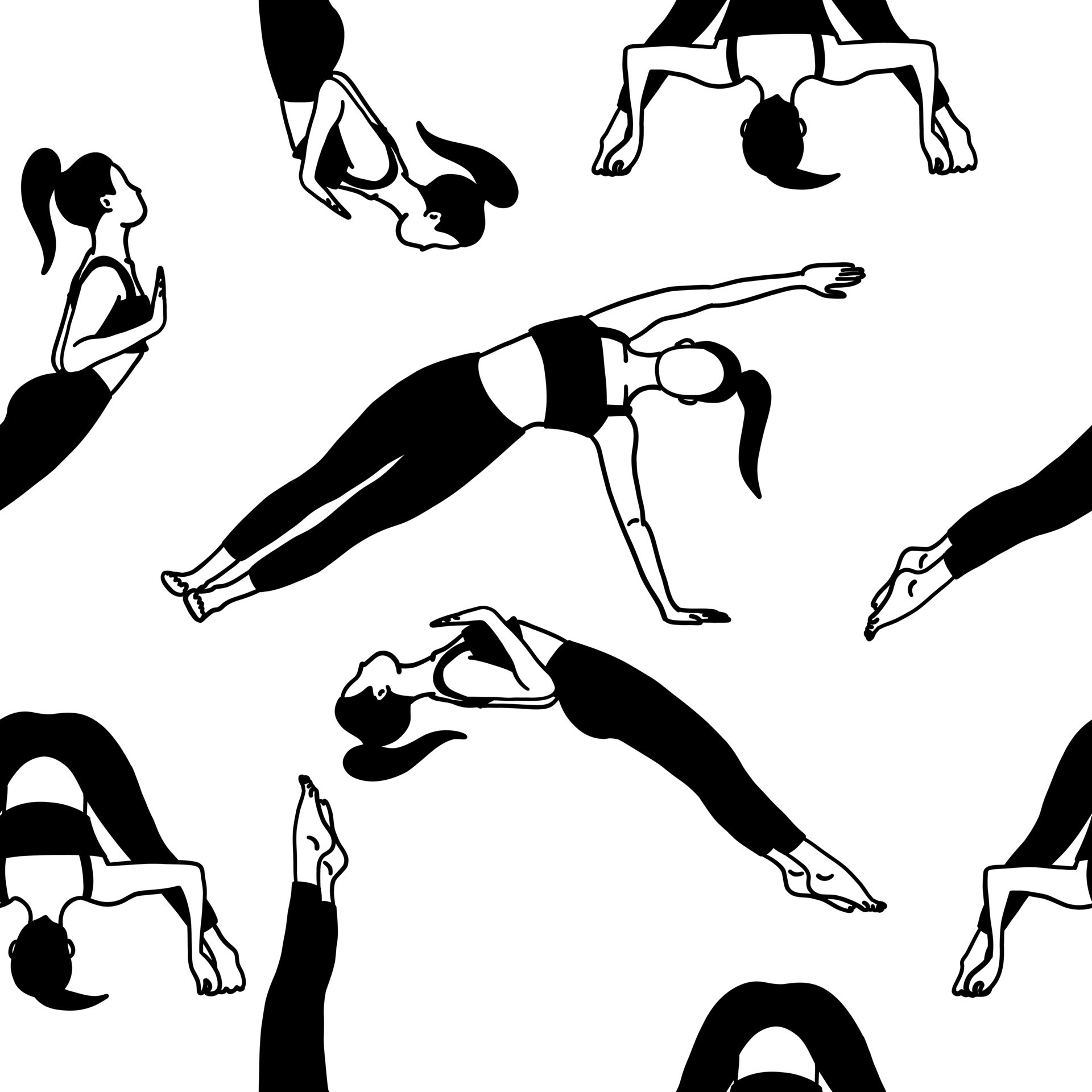 Yoga poses seamless pattern wallpaper. Black and white. Female woman
