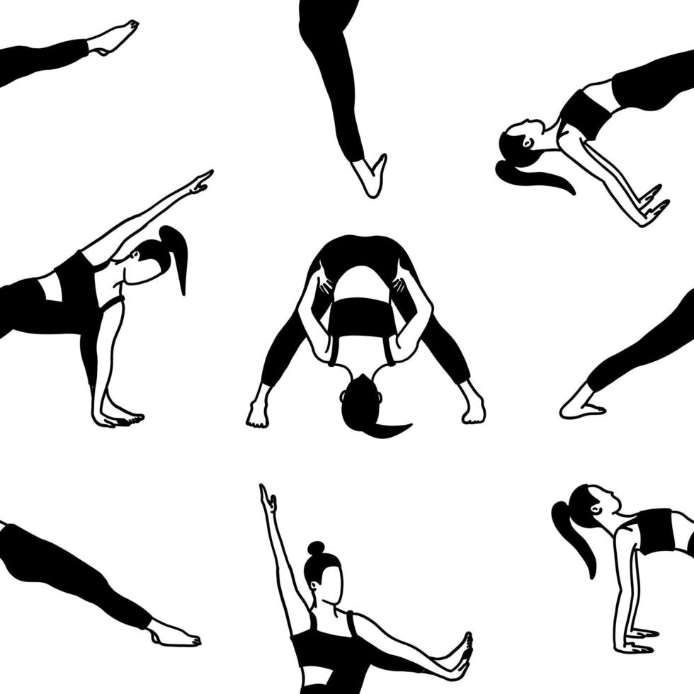 Yoga poses seamless pattern wallpaper. Black and white. Female woman girl. Vector illustration in flat style isolated on white background.