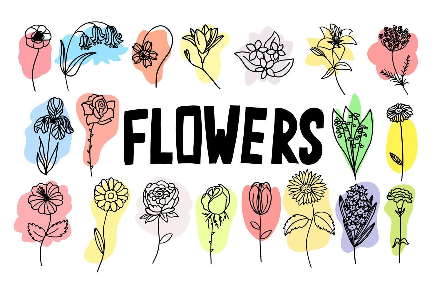 flores con pincel de colores en estilo de dibujos animados de fideos planos. conjunto de ilustración vectorial sobre fondo blanco. vector