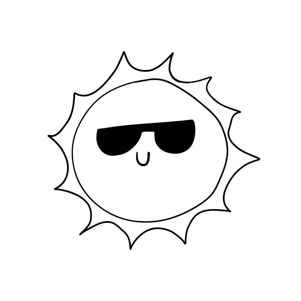 Funny sun with sunglasses. Vector illustration in outline doodle style isolated on white background.