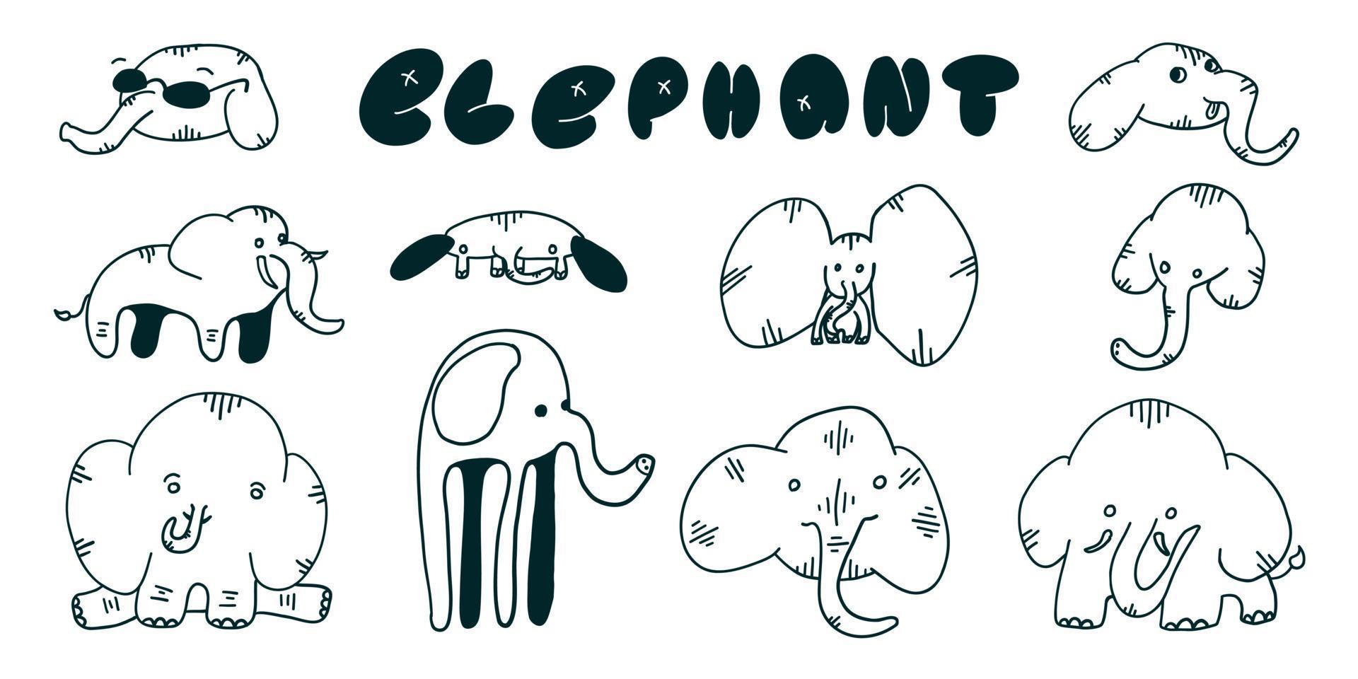 Elephants set in different situations. Vector illustration in outline doodle flat style isolated on white background.