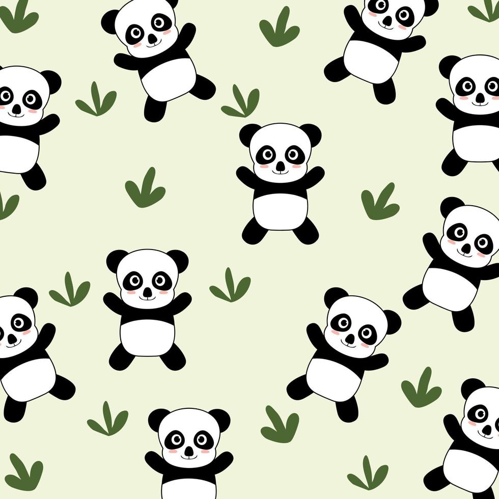 vector, lindo, panda, caricatura, seamless, patrón, animal, con, hoja vector