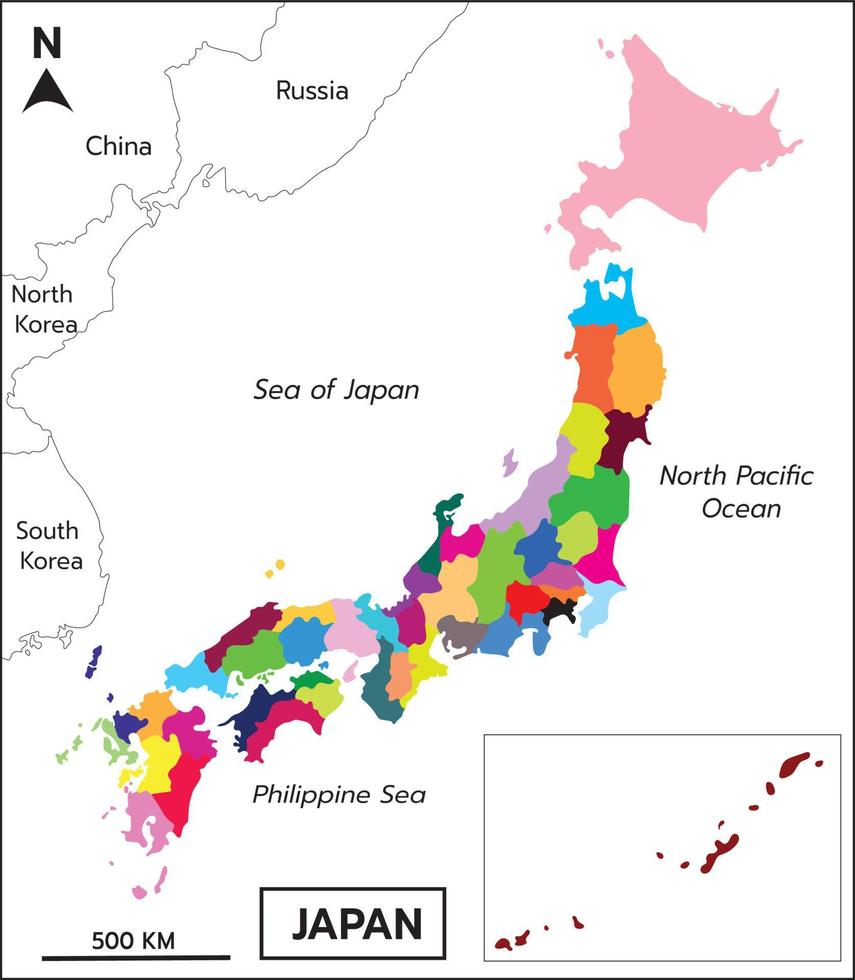 Japan prefectures vector map colored be regions with neighboring countries Sea of Japan, North Pacific Ocean, Philippine Sea, Korea, Russia, China with Okinawa Islands.