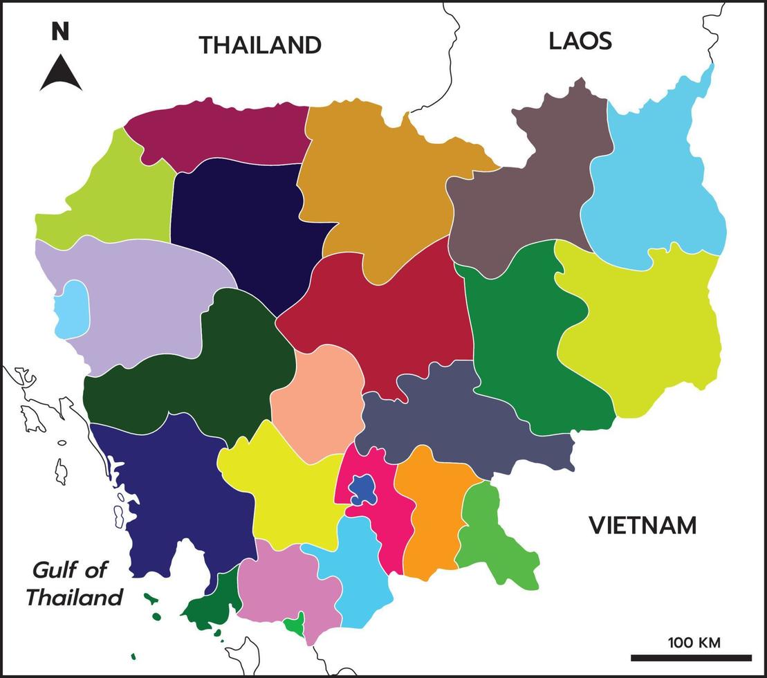 mapa de camboya Alto detalle con provincia de dispositivo colorido incluye países fronterizos, tailandia, laos, vietnam vector