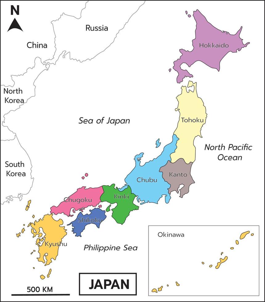 Japan vector map colored included eight regions and neighboring countries