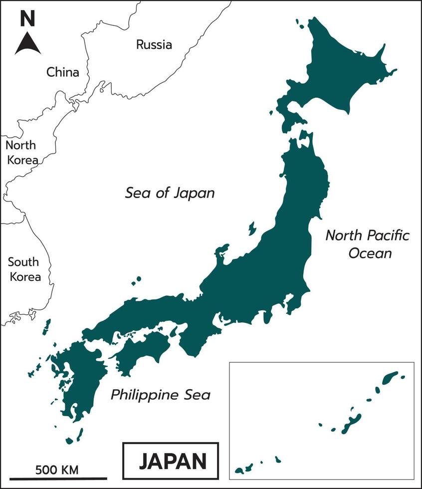 mapa de color verde japón, incluye países fronterizos mar de japón, océano pacífico norte, mar filipino, corea, rusia, china con islas okinawa. vector