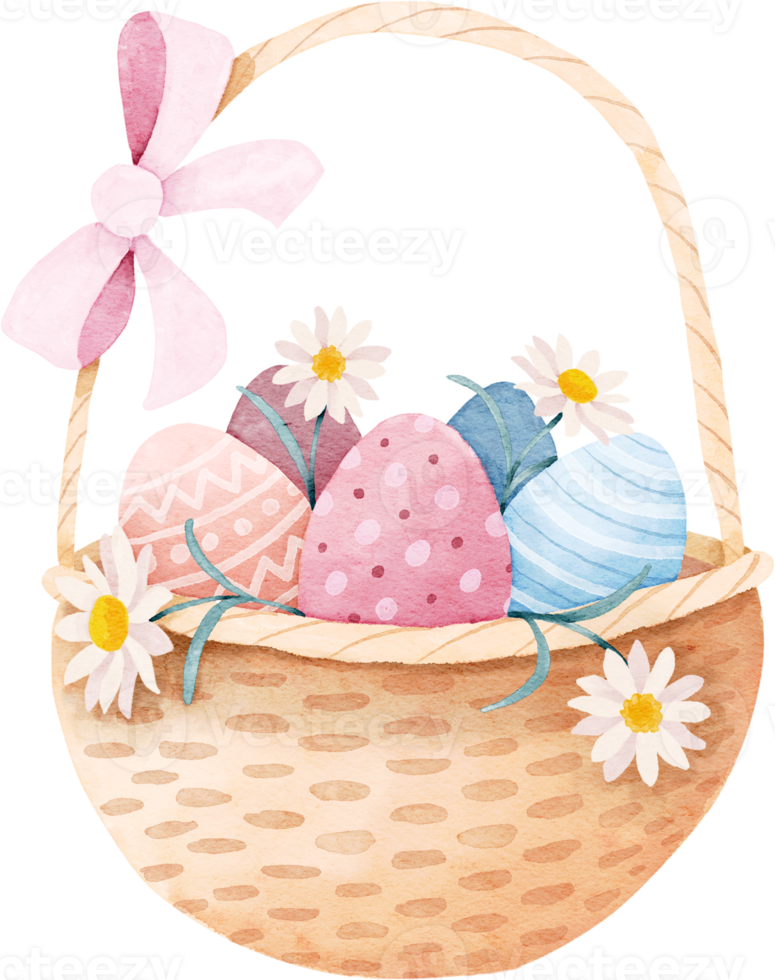 Watercolor easter basket with easter eggs png