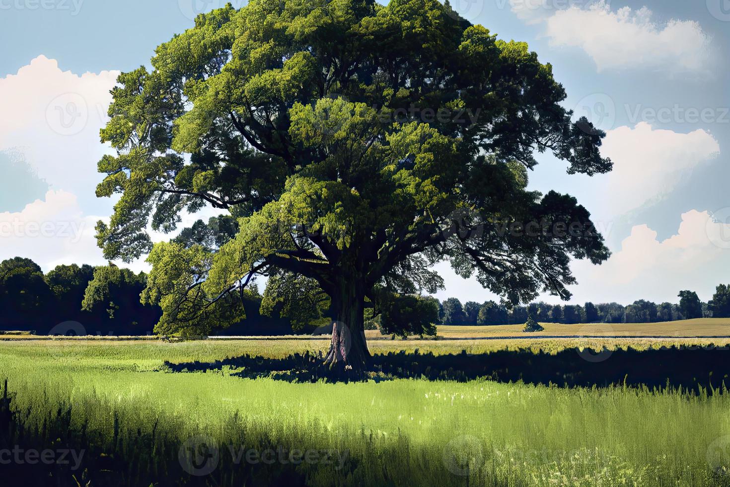 In the field, a lone green oak tree photo