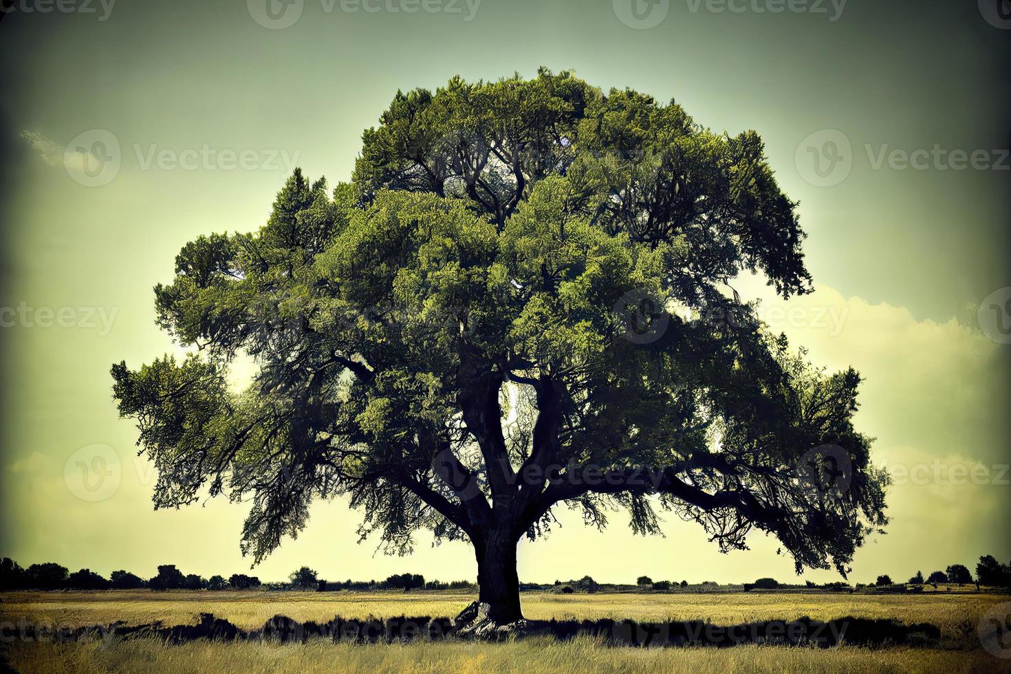 In the field, a lone green oak tree photo