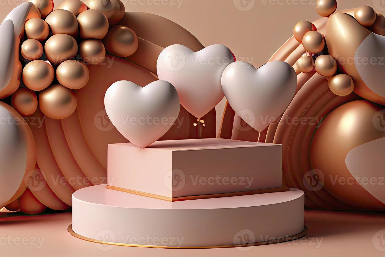 3d mock up Stage podium decorated with heart shape balloons and with gift box photo