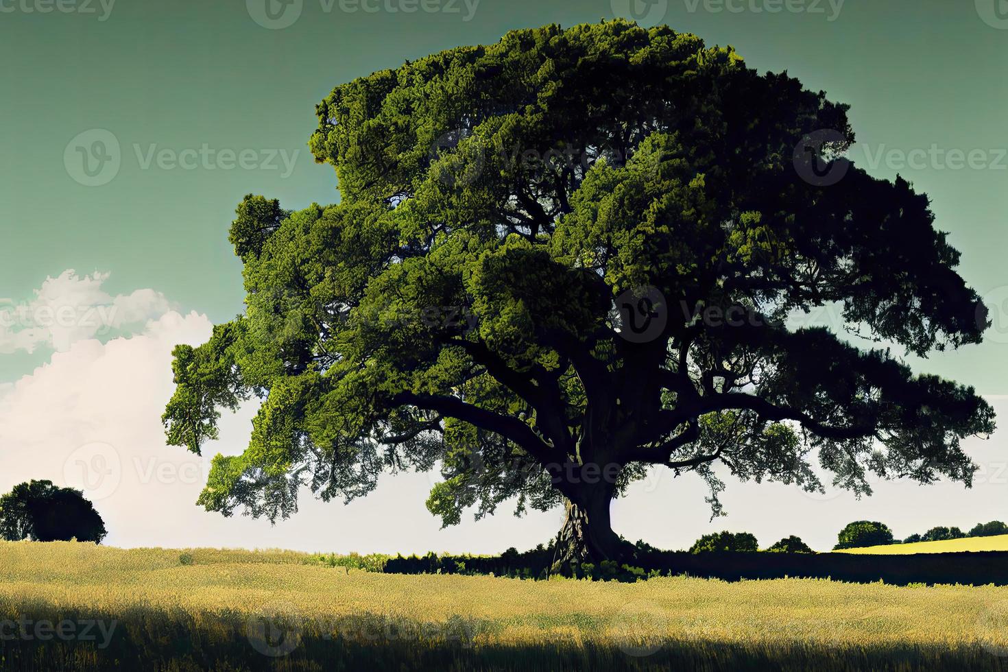 In the field, a lone green oak tree photo