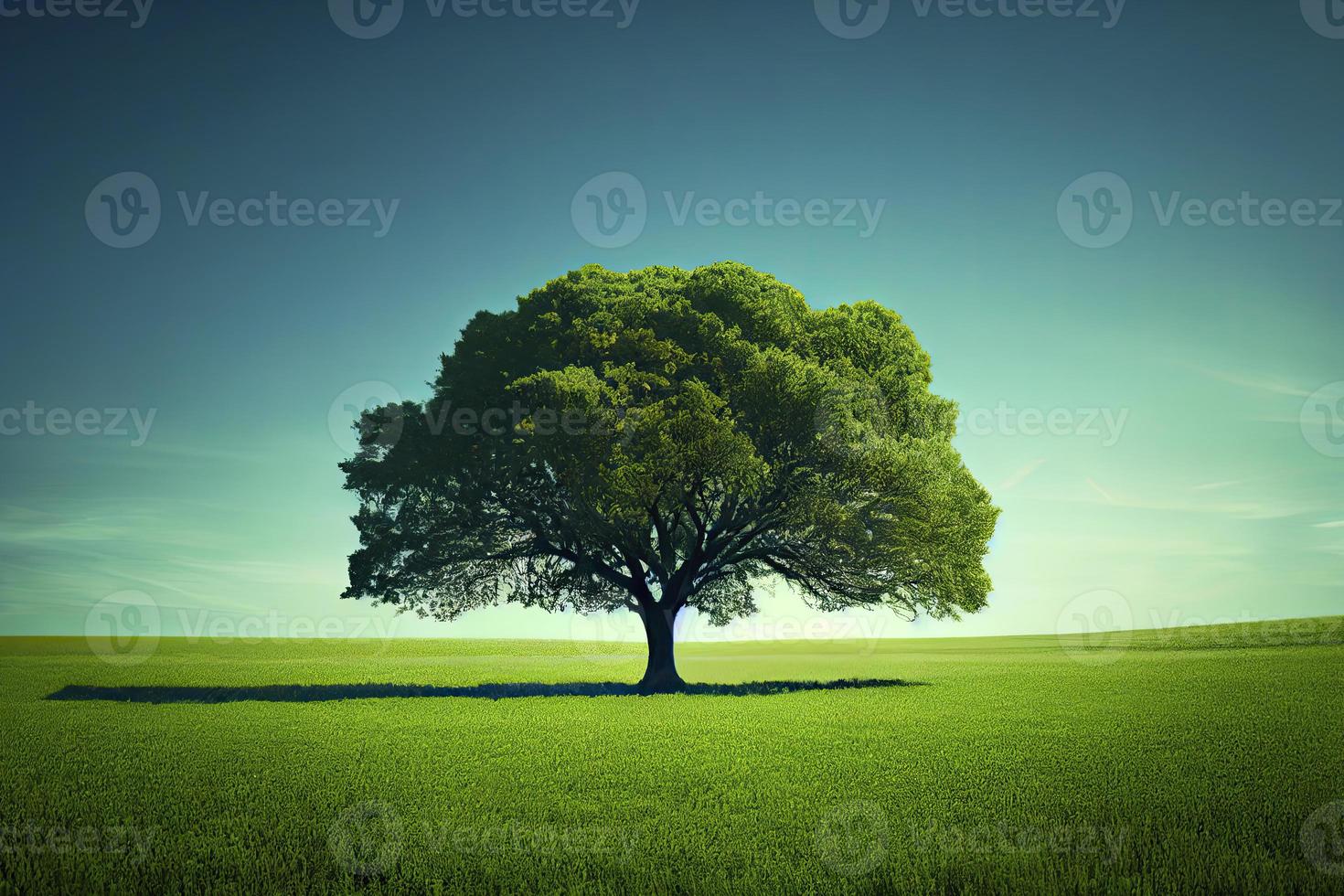 Green field, tree and blue sky.Great as a background photo