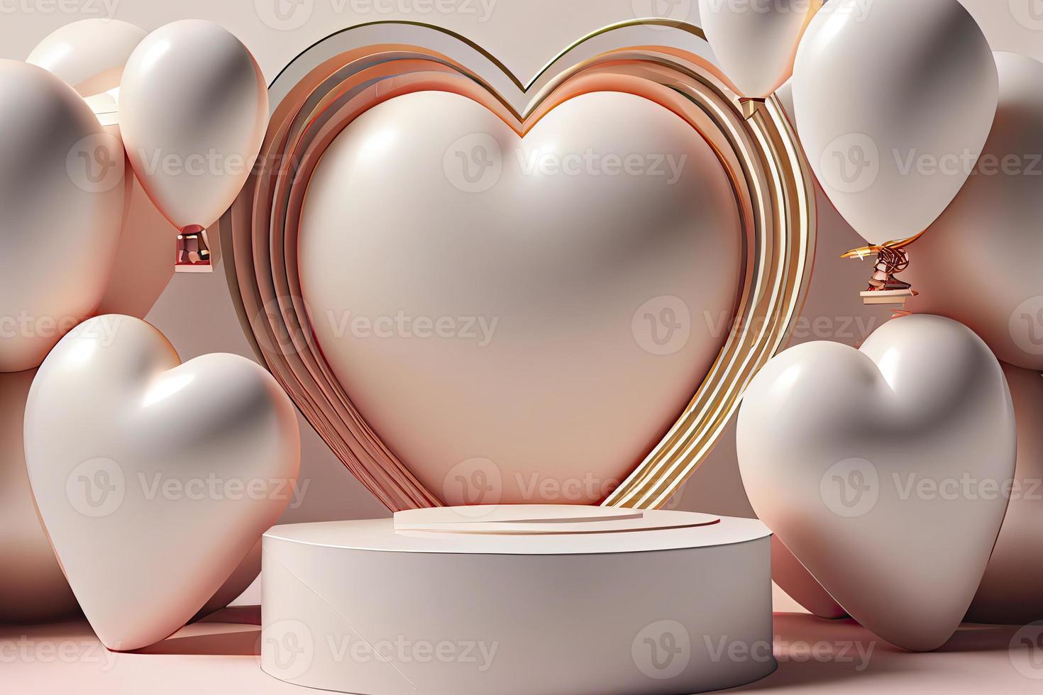 3d mock up Stage podium decorated with heart shape balloons and with gift box photo
