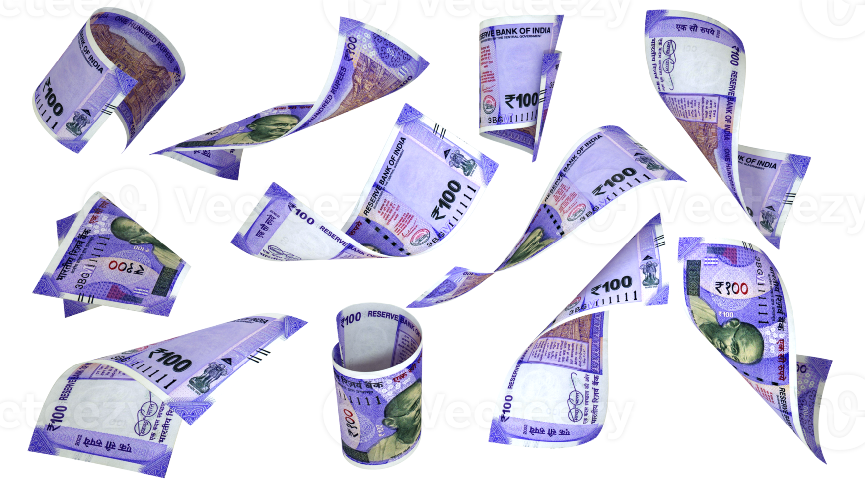 rendu 3d de 100 billets de roupie indienne volant sous différents angles et orientations png