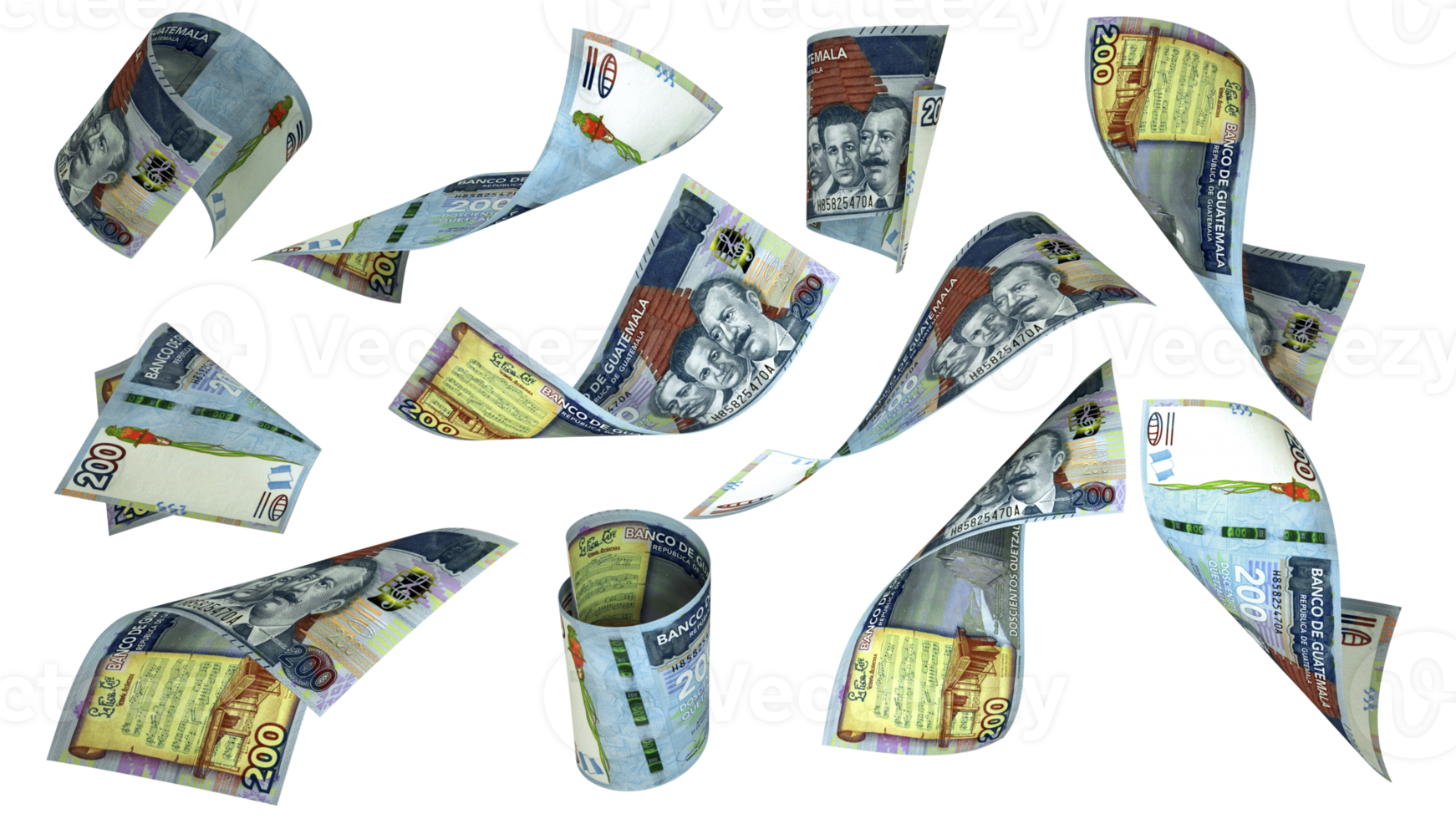 3D rendering of 200 Guatemalan Quetzal notes flying in different angles and orientations png