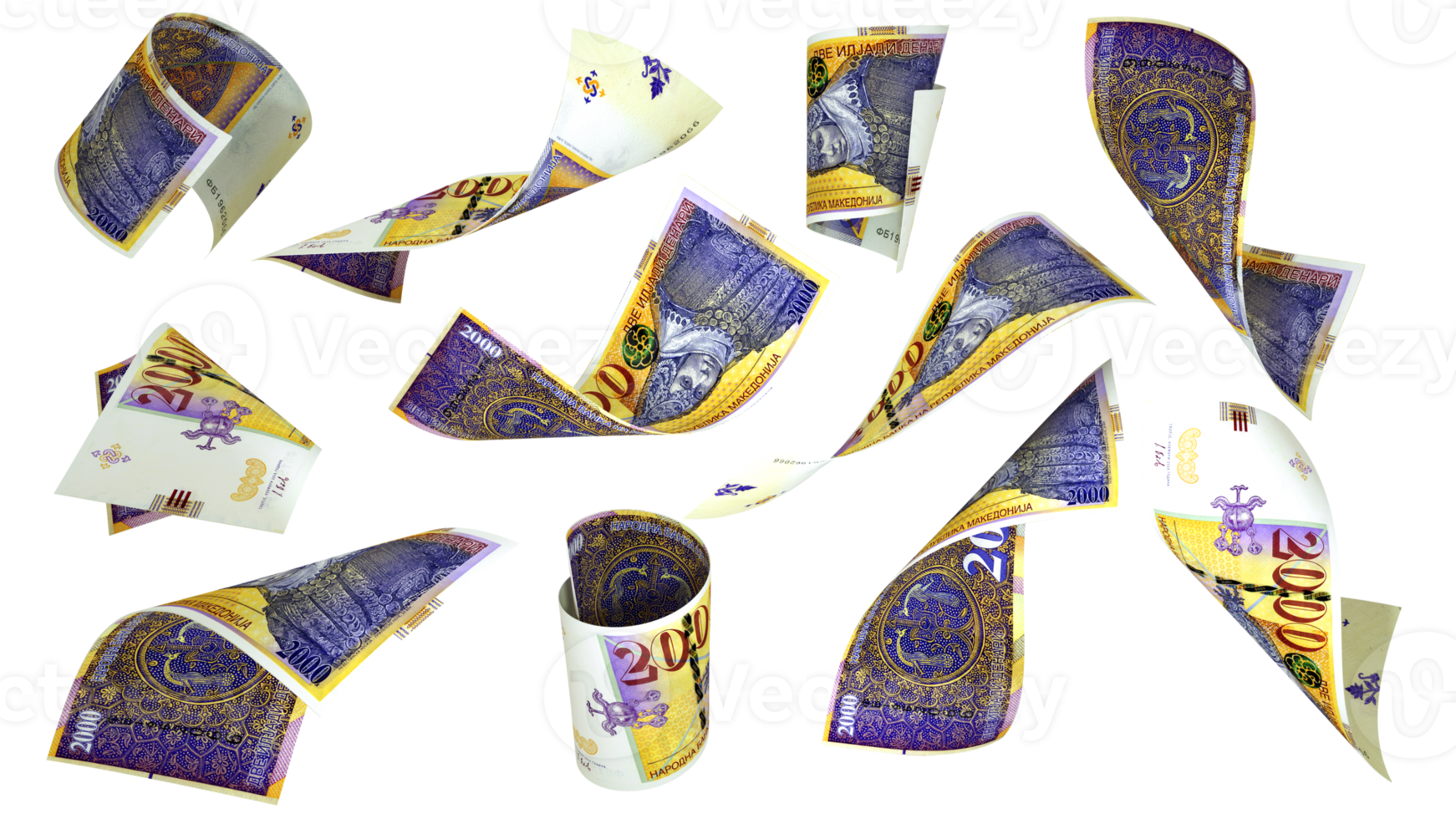 3D rendering of 2000 Macedonian Denar notes flying in different angles and orientations png