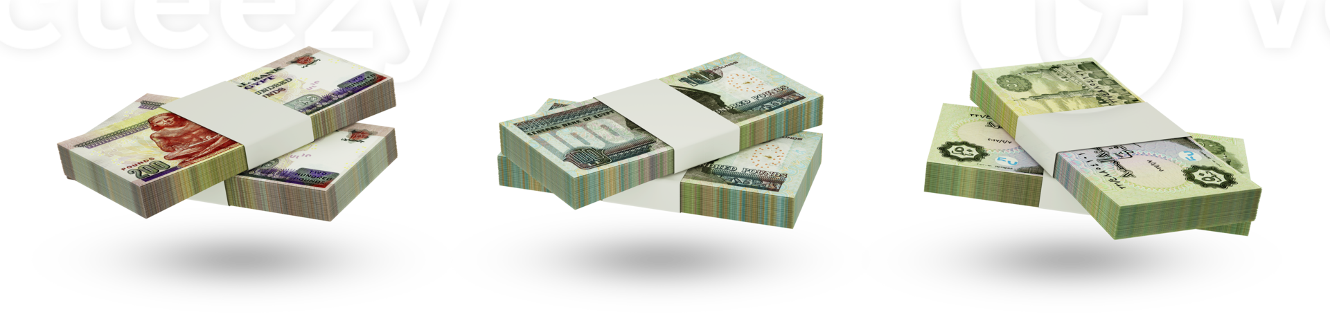 Set of stacks of Egyptian pound notes in different denominations. 3d rendering png