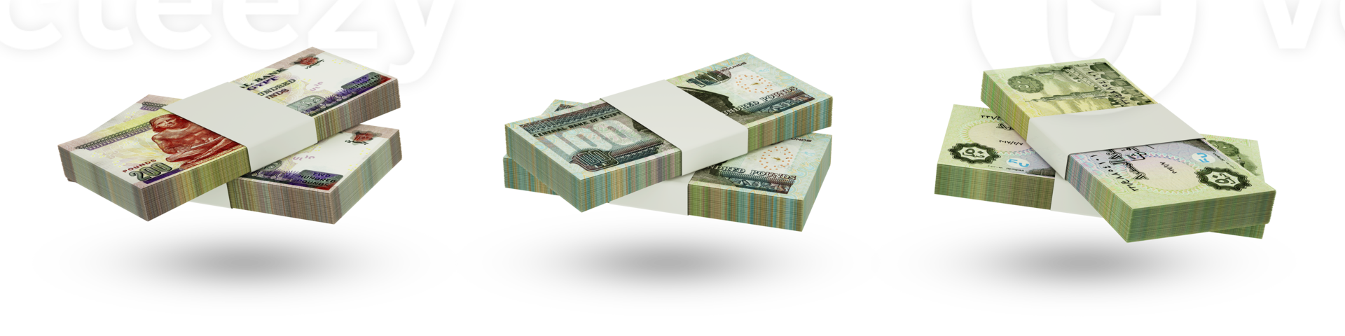 ensemble de piles de billets en livres égyptiennes de différentes dénominations. rendu 3d png