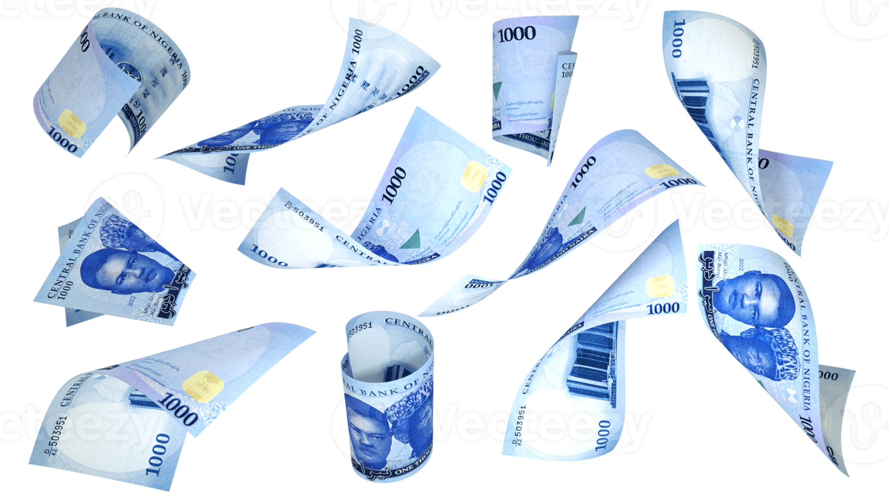 3D rendering of new 1000 Nigerian naira notes flying in different angles and orientations isolated on transparent background png