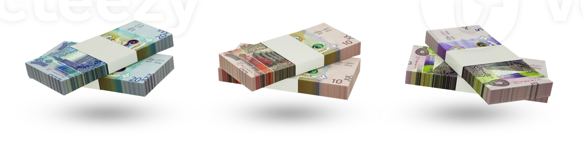 ensemble de piles de notes de dinar koweïtiens dans différentes dénominations. rendu 3d png