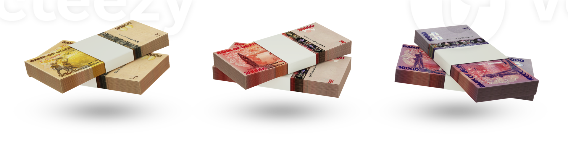 Set of stacks of new Ugandan shilling notes in different denominations. 3d rendering png