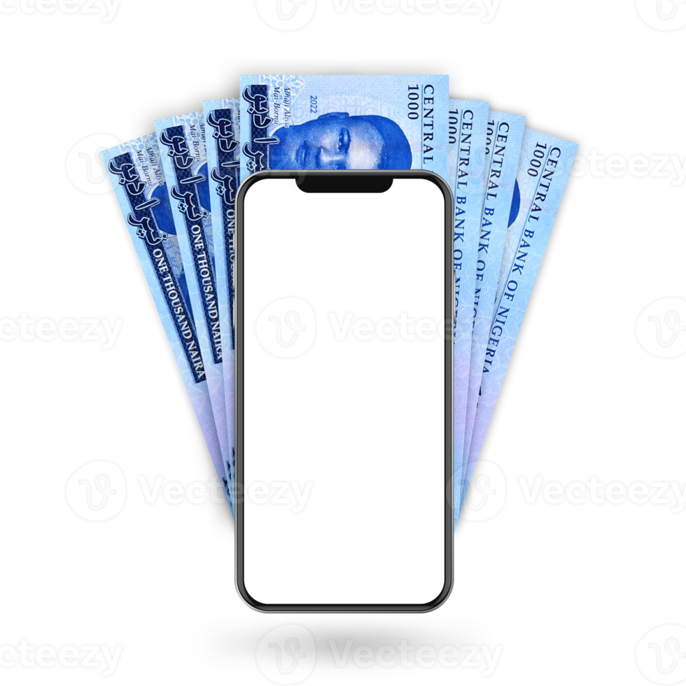 3d Illustration of Nigerian naira notes behind mobile phone png