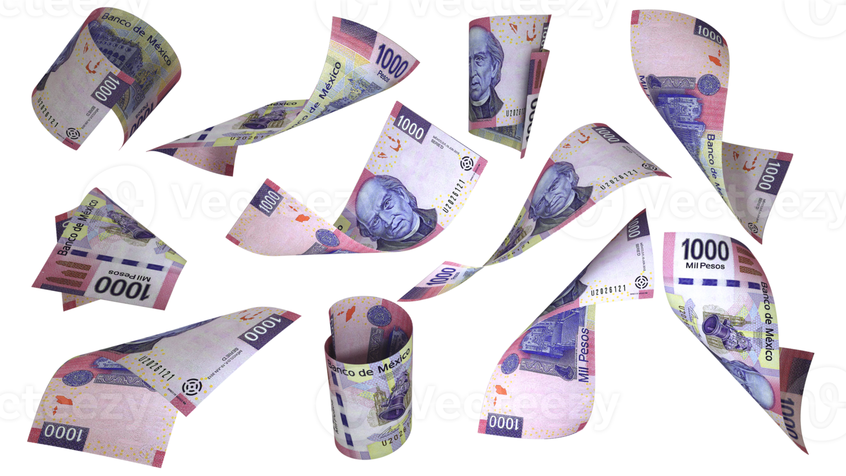 3D rendering of 1000 Mexican peso notes flying in different angles and orientations png