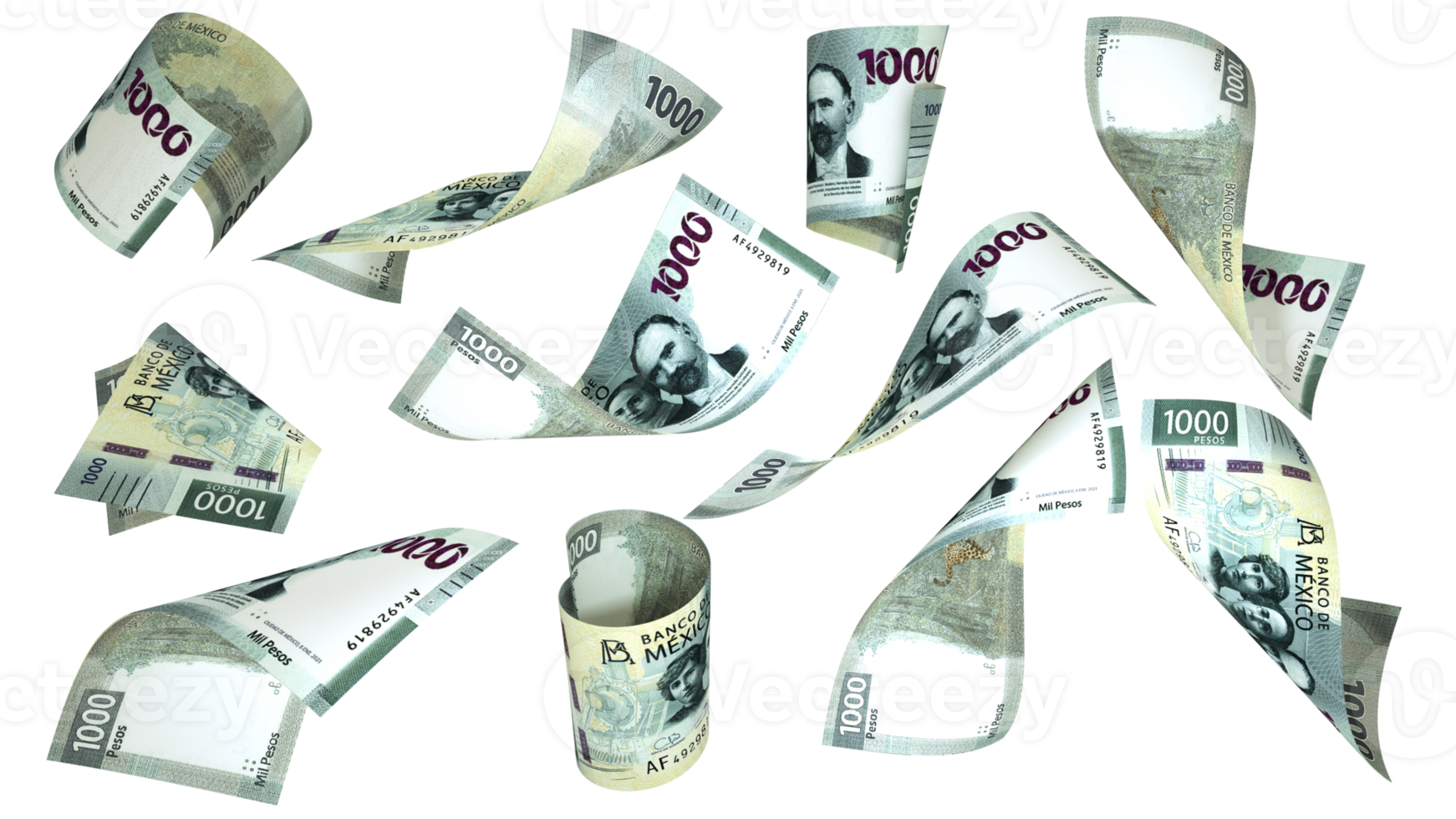 3D rendering of 1000 Mexican peso notes flying in different angles and orientations png